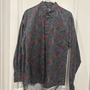 DOCKERS Shirt Men M  Paisley Button Front Long Sleeve Cotton Twill 90s Blue VTG